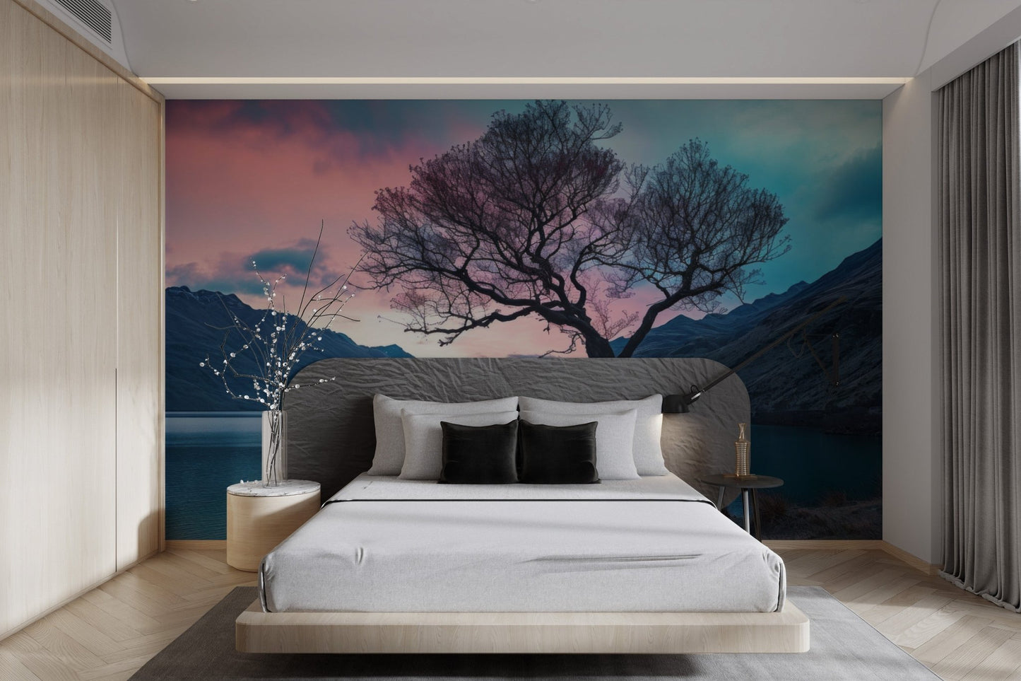 Serene lake and mountain landscape wall mural for bedroom walls.