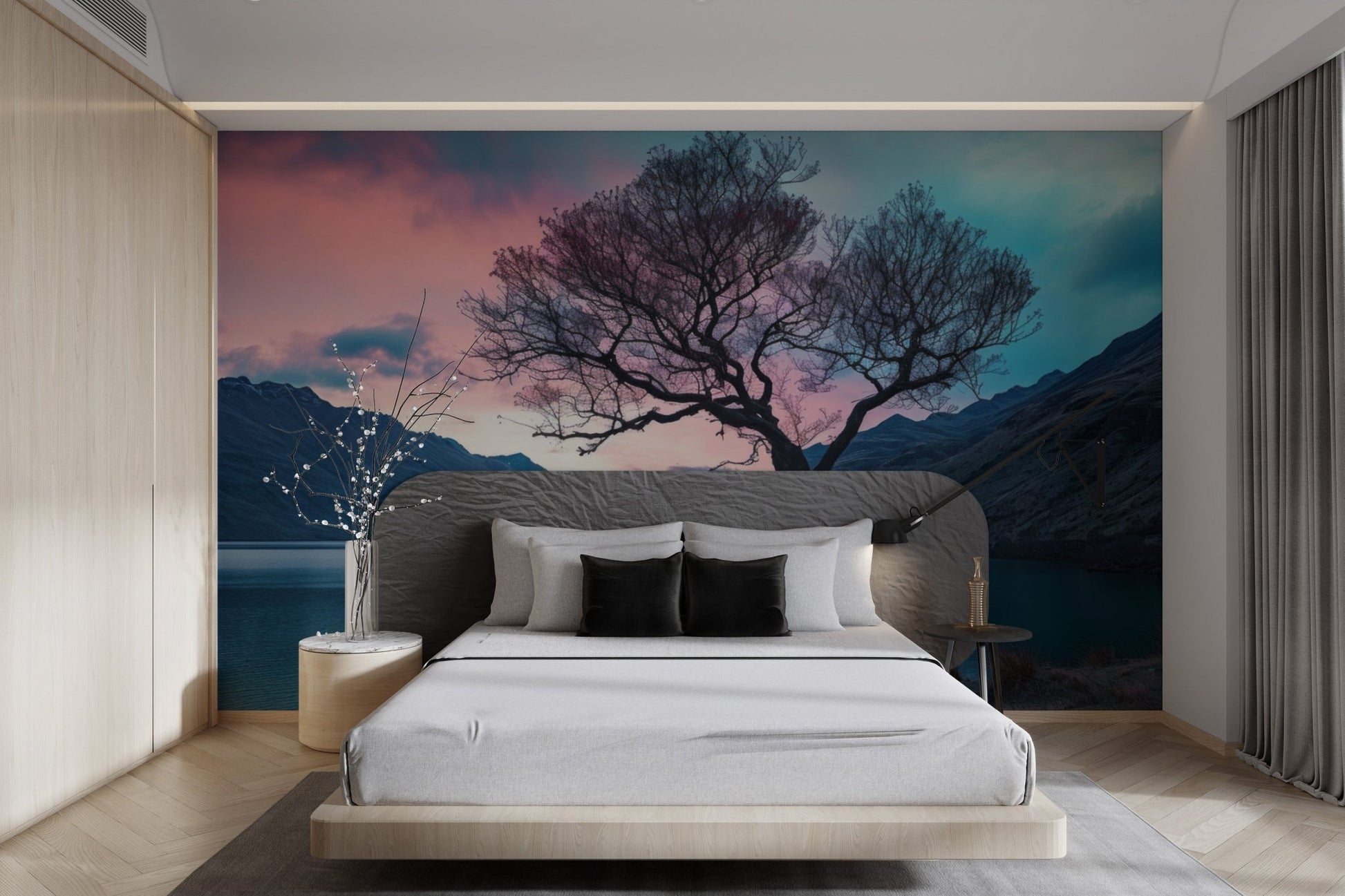 Serene lake and mountain landscape wall mural for bedroom walls.