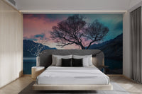 Serene lake and mountain landscape wall mural for bedroom walls.