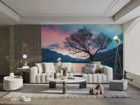 Gnarled tree silhouette wall mural for serene living room decor.