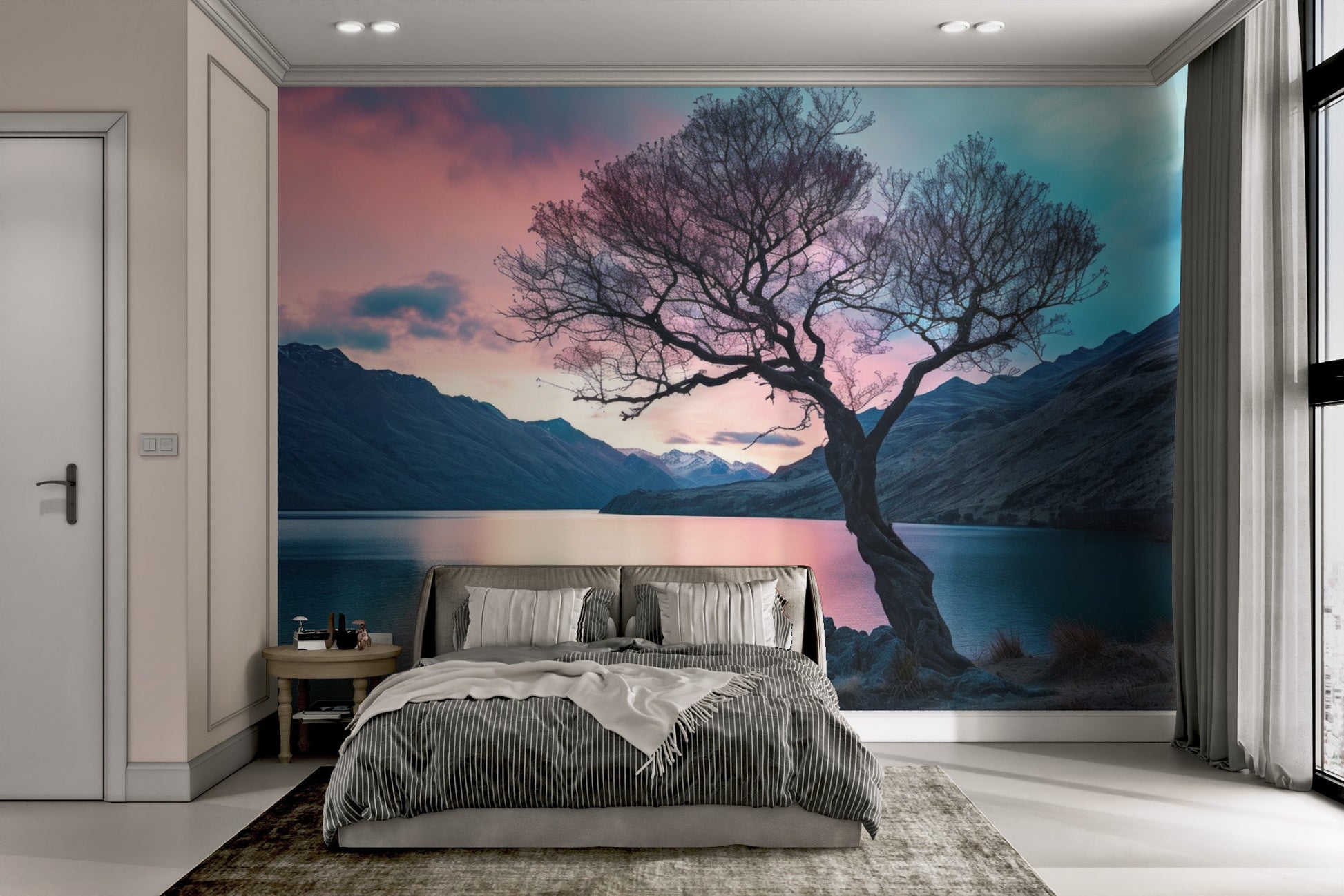 Calm water reflection mural featuring a unique gnarled tree.
