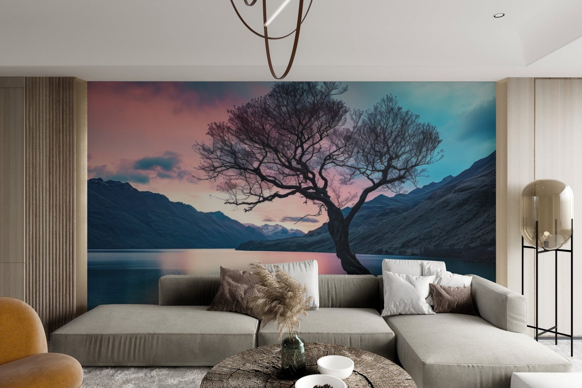 Pink clouds and blue lake landscape wallpaper for feature walls.