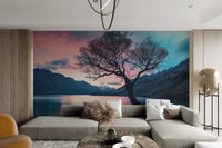 Pink clouds and blue lake landscape wallpaper for feature walls.