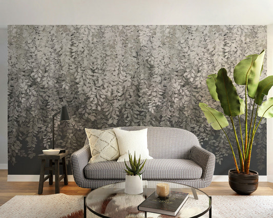 Tyndall vine wallpaper mural featuring cascading white leaves on a dark gray background.