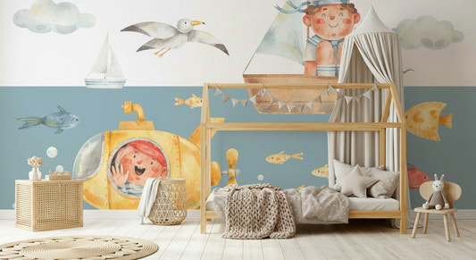 Watercolor Adventure Wall Mural with seagulls.