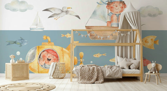 Watercolor Adventure Wall Mural with seagulls.