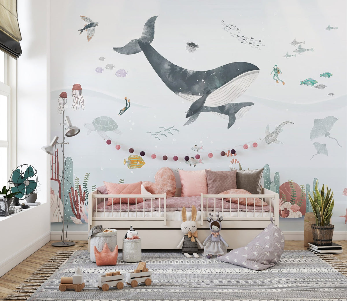 Coastal inspired marine wildlife wallpaper in light blue wall mural.