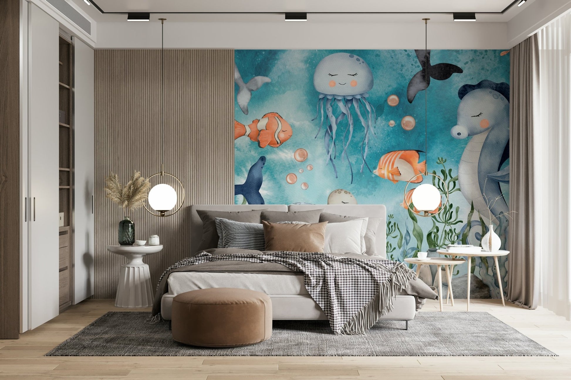 Elegant aquatic-themed landscape for a studio feature wall.
