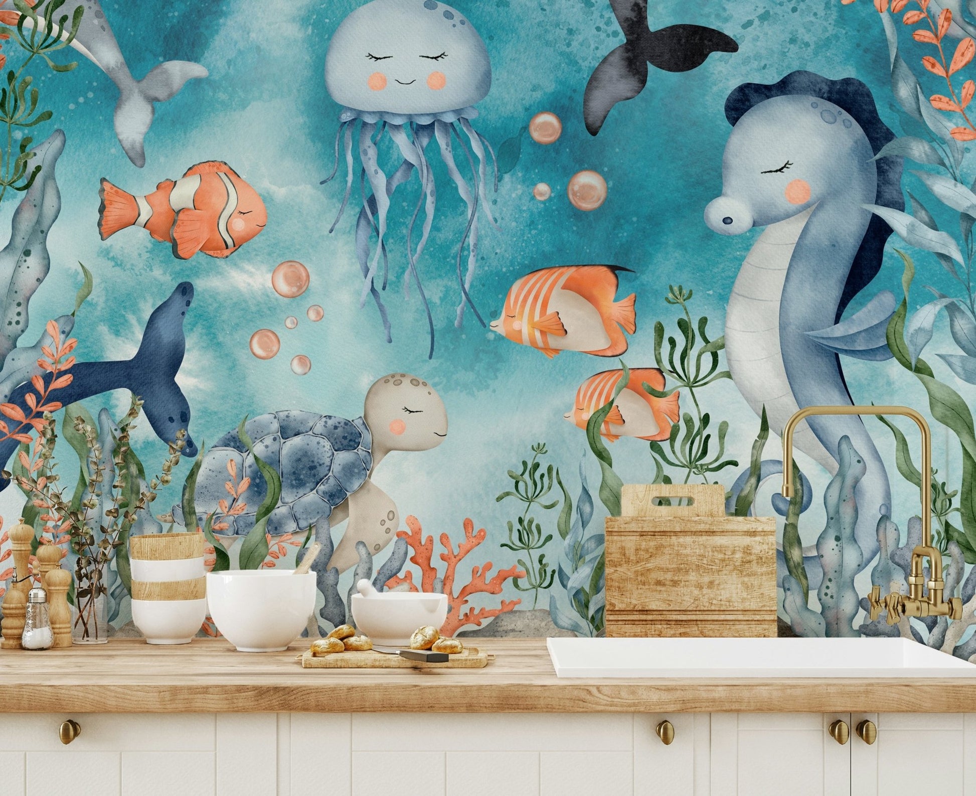 Colorful aquatic apartment wall decor with blue and turquoise hues.