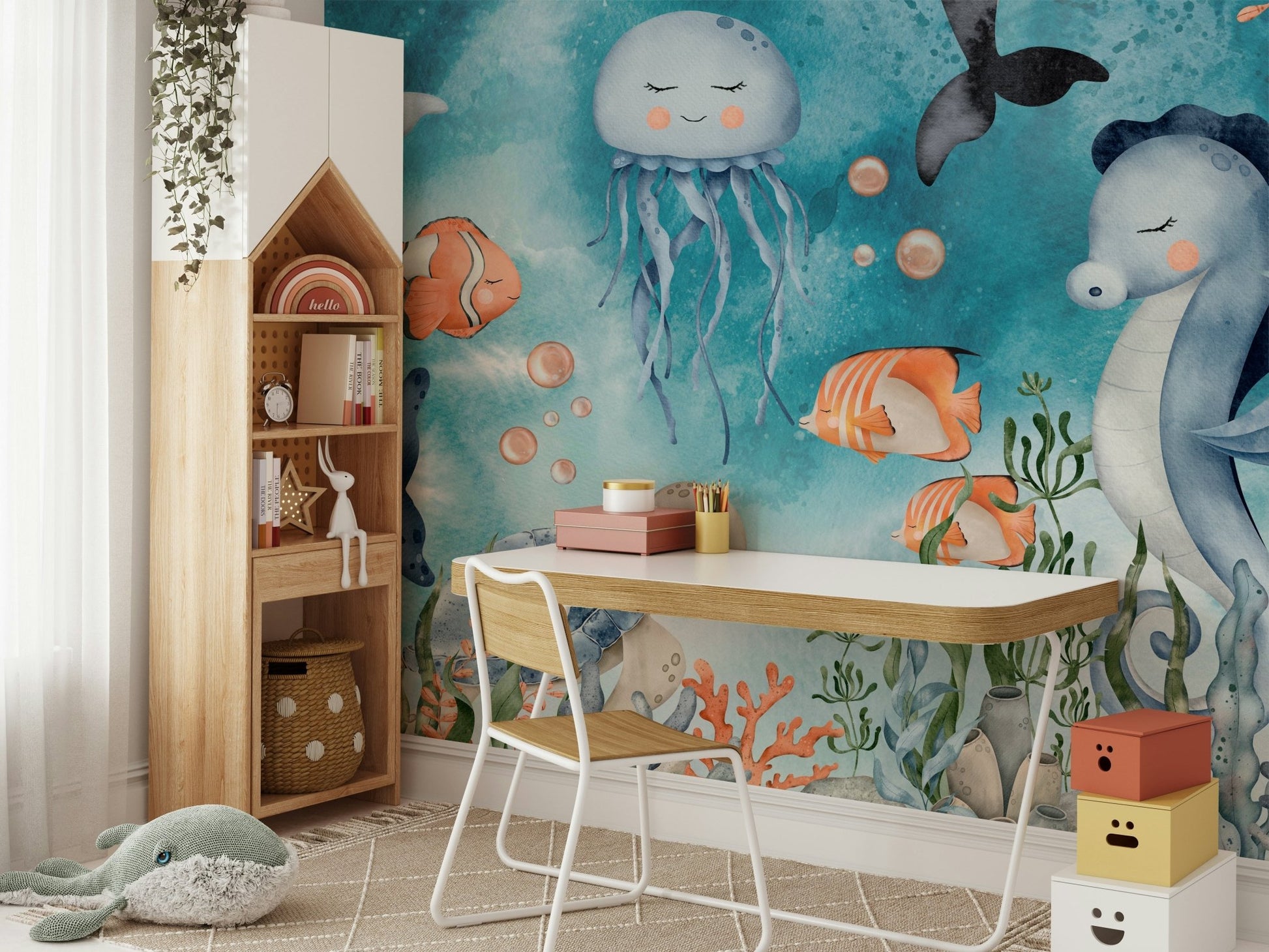 Colorful aquatic apartment wall decor with blue and turquoise hues.