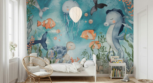 Blue coral reef wallpaper with tropical fish in a modern lounge.