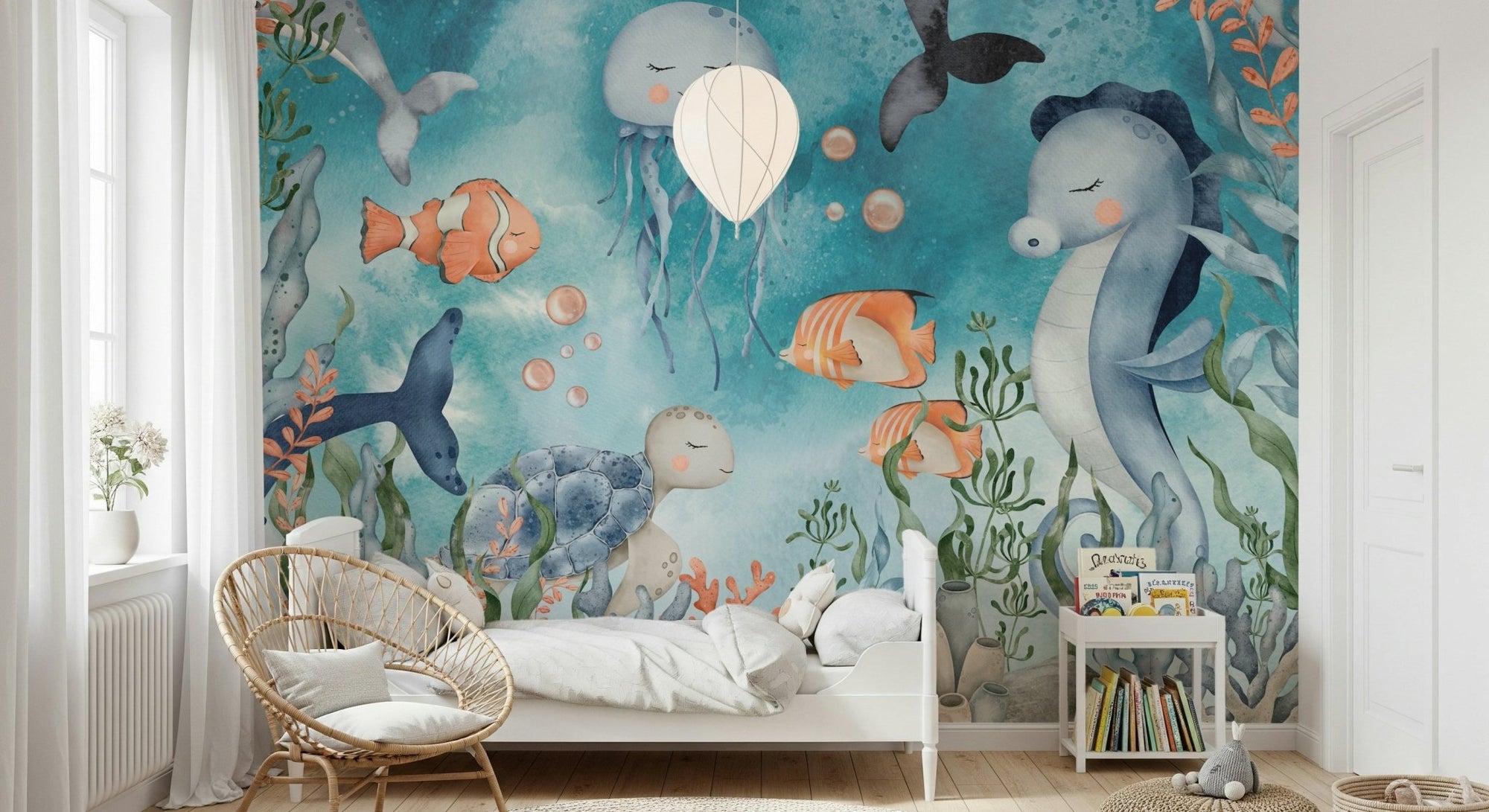 Blue coral reef wallpaper with tropical fish in a modern lounge.