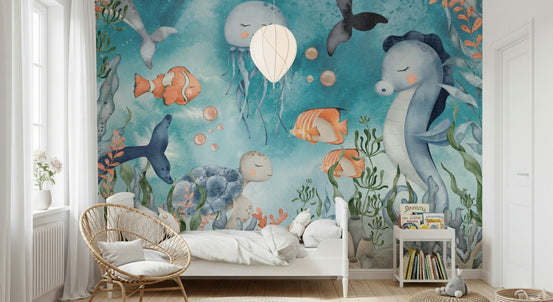 Blue coral reef wallpaper with tropical fish in a modern lounge.