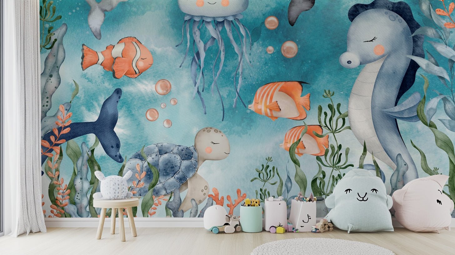 Detailed watercolor deep sea landscape for custom home wall decor.