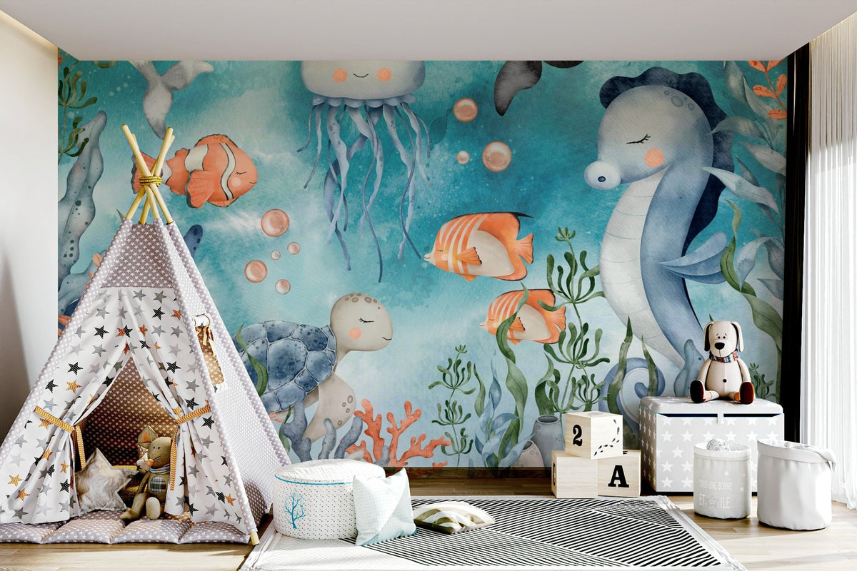 Vibrant marine ecosystem wall mural for a contemporary kids room setting.