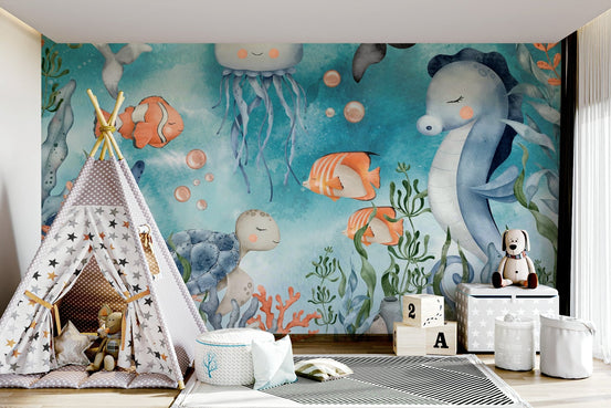 Vibrant marine ecosystem wall mural for a contemporary kids room setting.