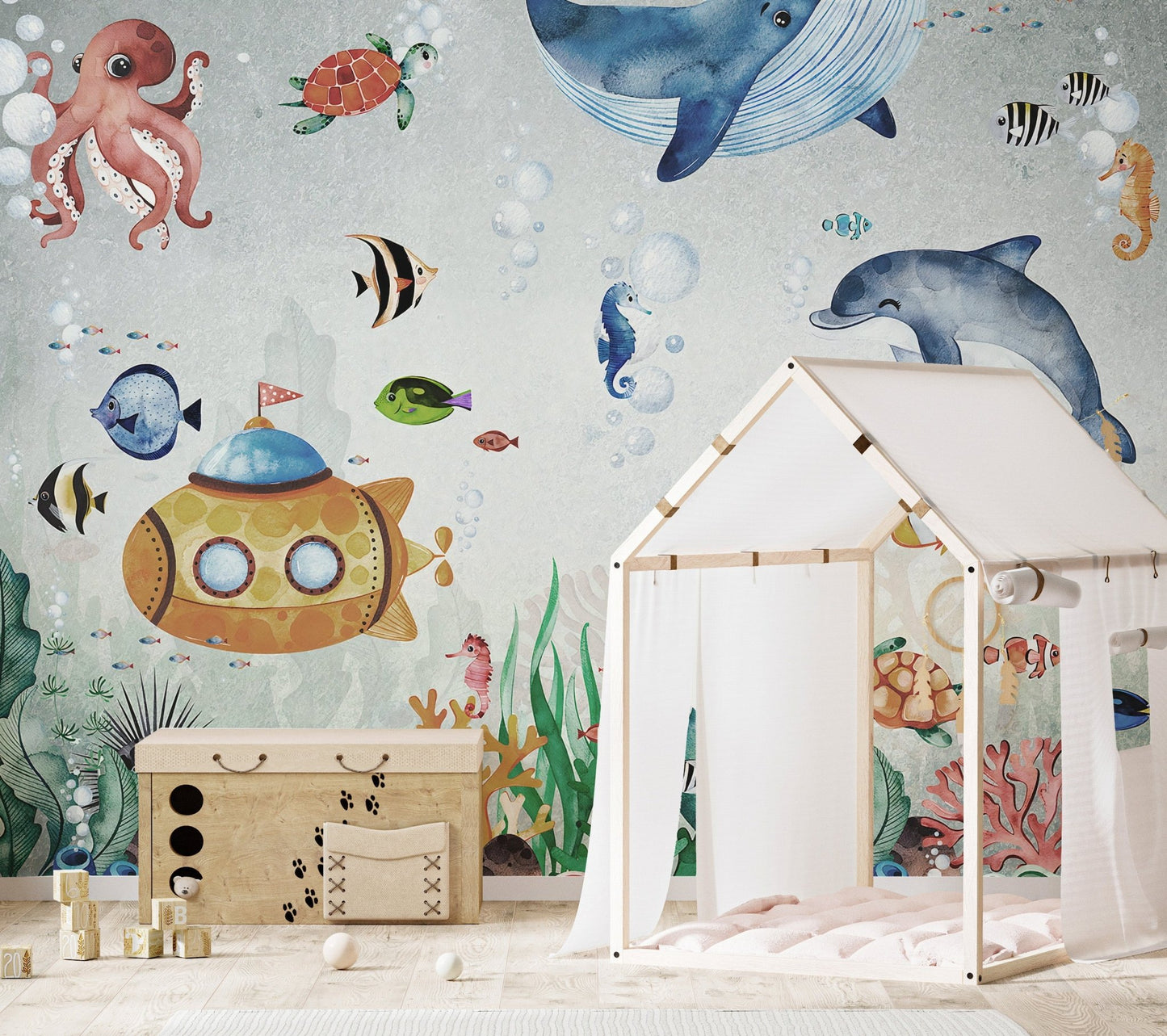 Underwater Fish & Marin Life Mural with blue dolphins and a house-shaped bed.