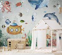 Underwater Fish & Marin Life Mural with blue dolphins and a house-shaped bed.