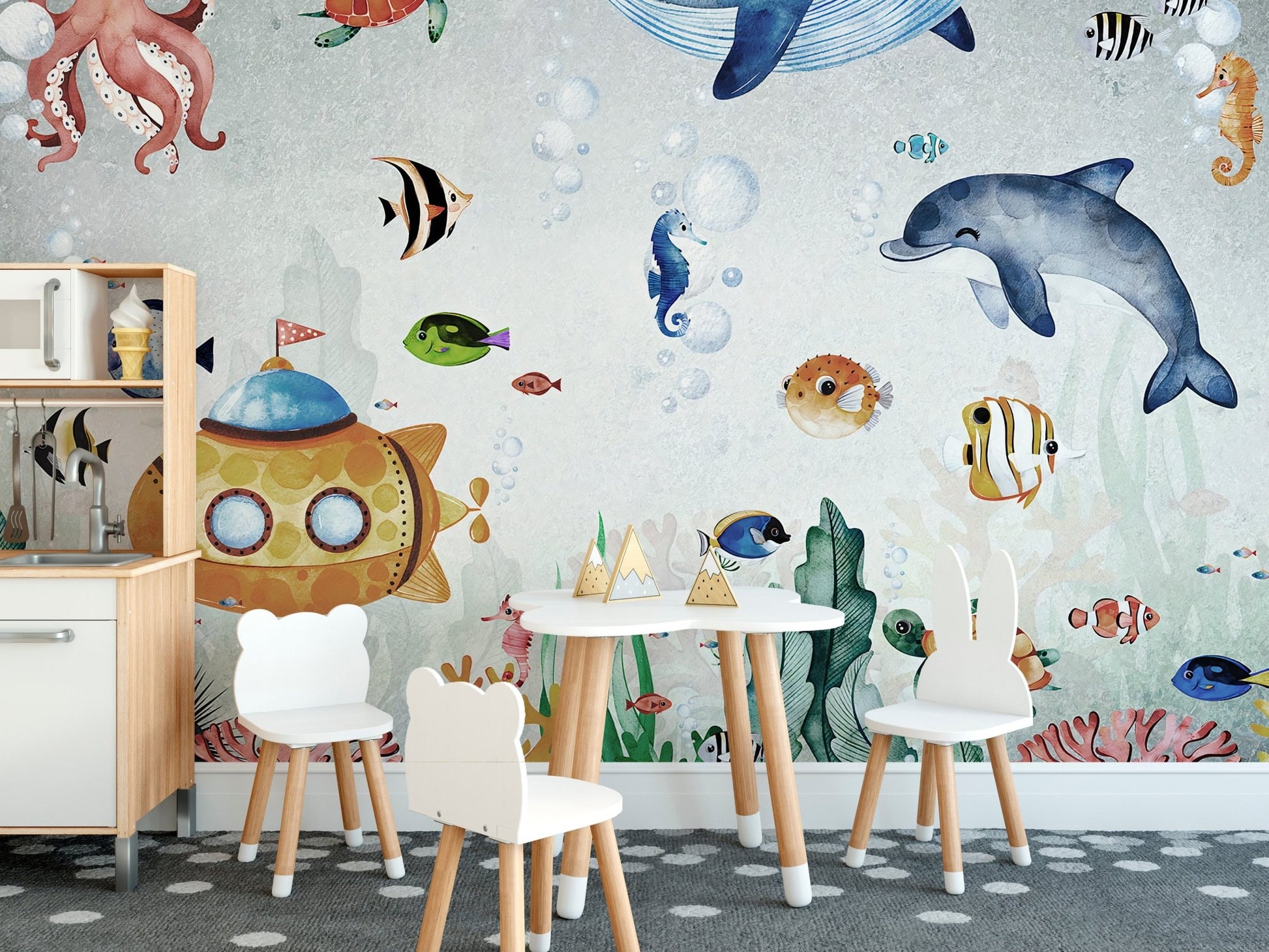 Underwater Fish & Marin Life mural in a dining room with a white table and chairs.