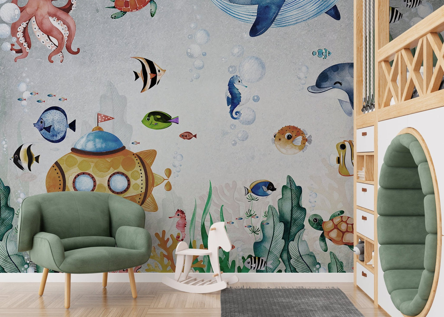 Underwater Fish & Marin Life mural on a nursery wall with a green armchair.