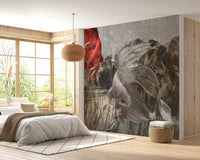 Soft grey wall mural with red fish accents in a bedroom with natural light.