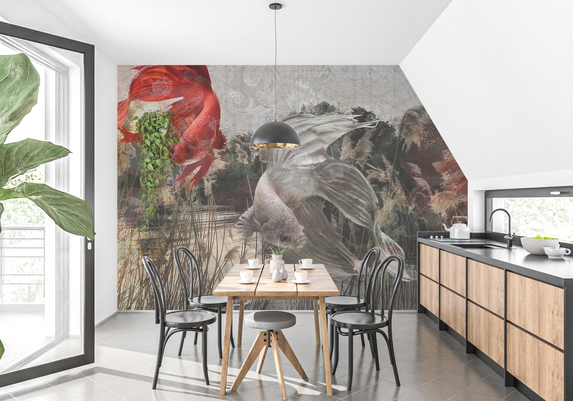 Realistic underwater mural showcasing diverse fish species in kitchen.