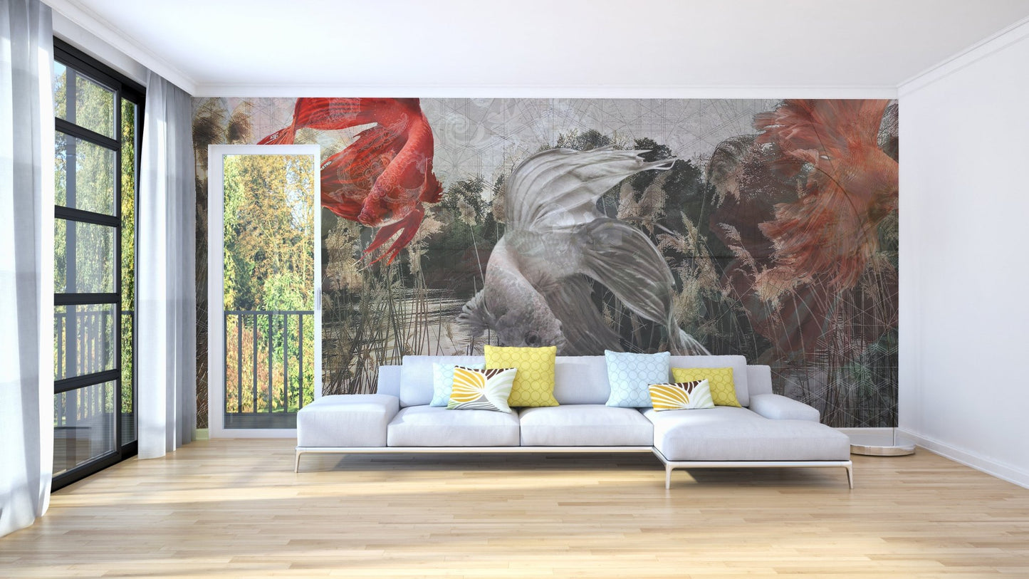 Red and grey Betta fish wall mural behind a white sofa in a living room.