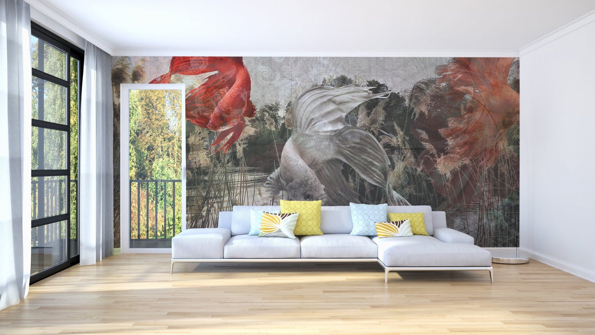 Red and grey Betta fish wall mural behind a white sofa in a living room.