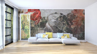 Red and grey Betta fish wall mural behind a white sofa in a living room.