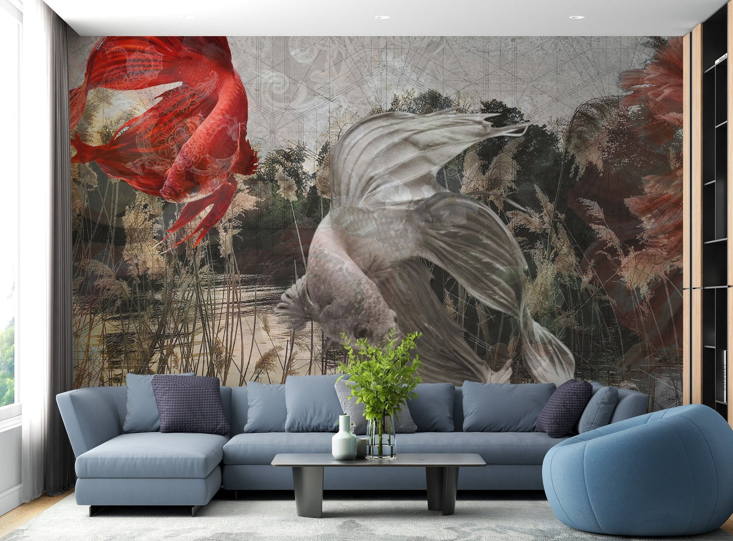 Deep-sea artwork mural with playful fish and coral details in living area.