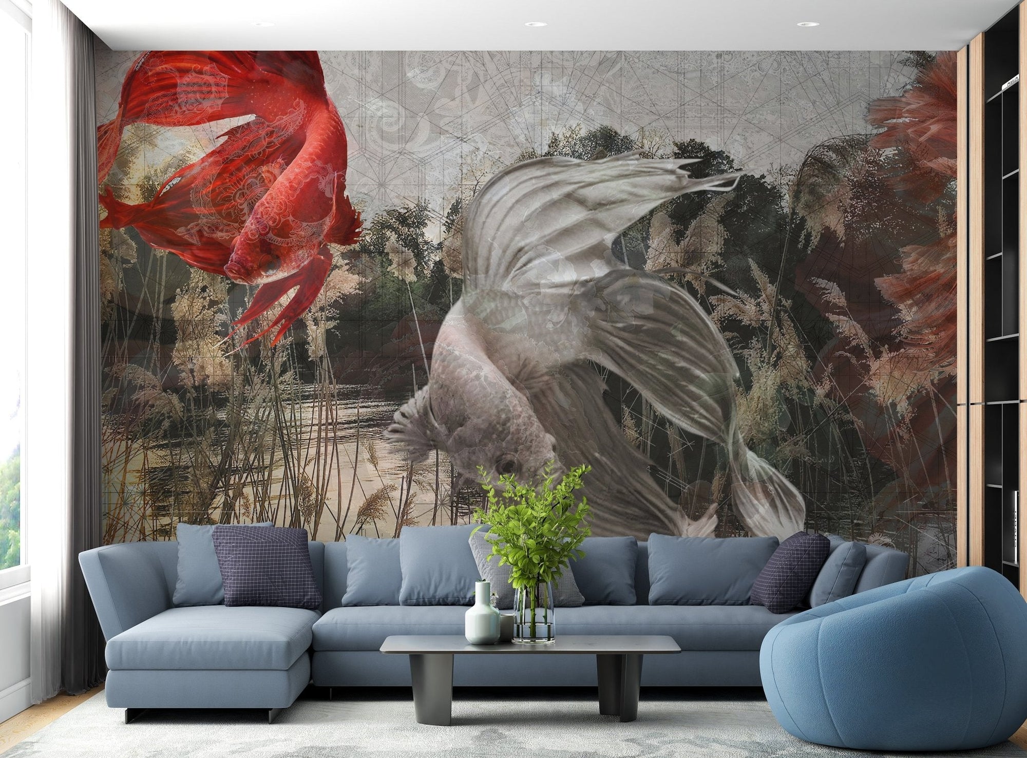 Deep-sea artwork mural with playful fish and coral details in living area.