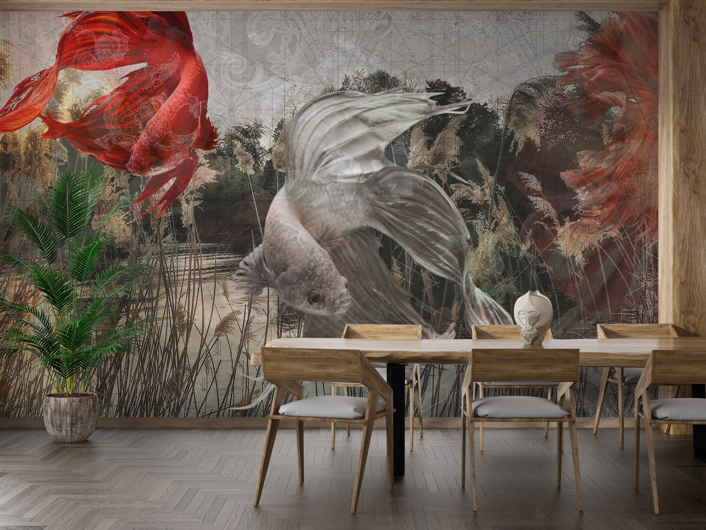 Underwater inspired wall mural behind a dining table with light wood chairs.