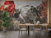 Underwater inspired wall mural behind a dining table with light wood chairs.