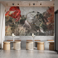 Underwater Fishes Wall Mural in a cafe setting with wooden stools.