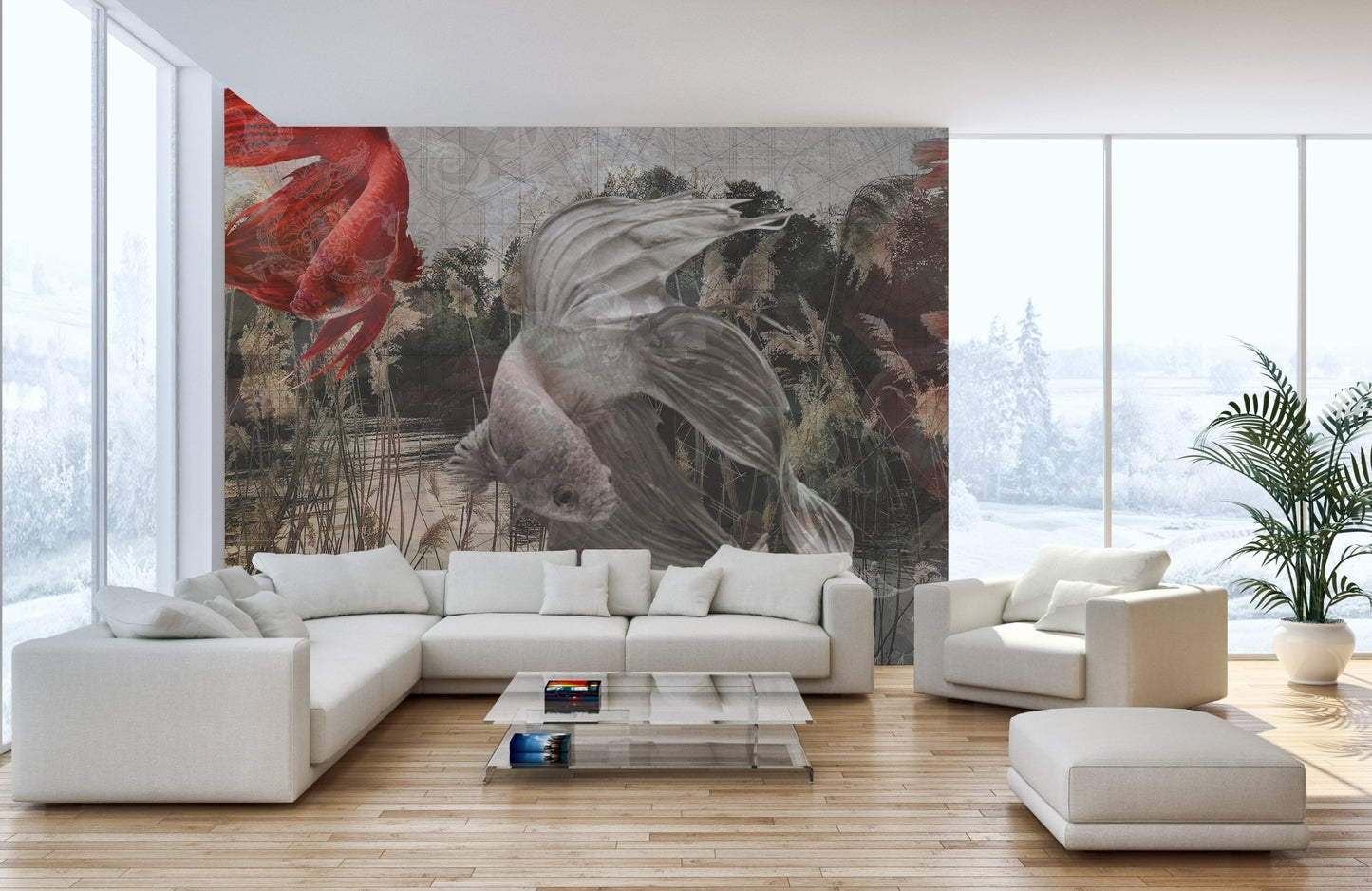 Large scale underwater wall mural in a spacious living space.