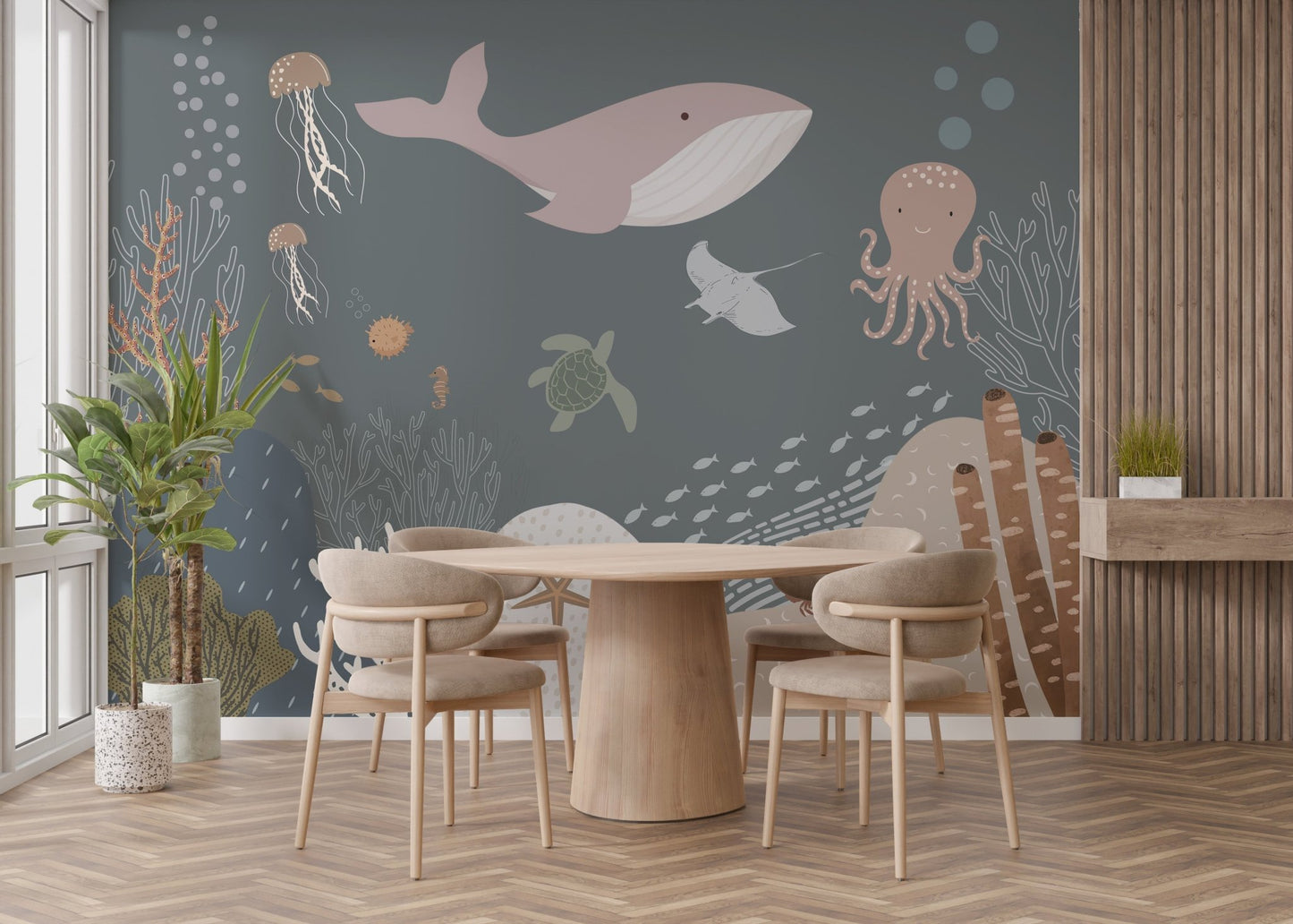 Minimalist dining area featuring Underwater mural with muted sea life.