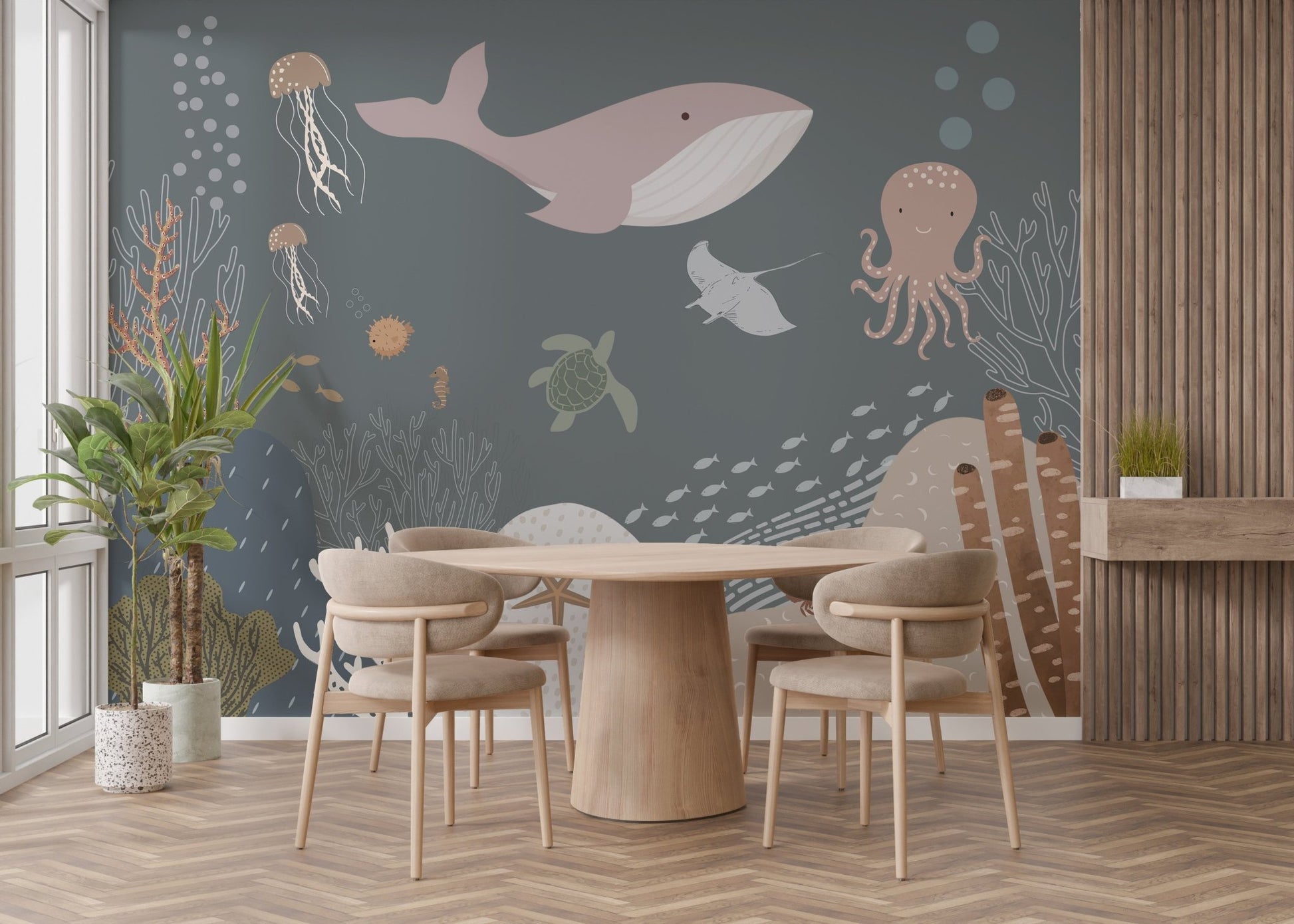 Minimalist dining area featuring Underwater mural with muted sea life.
