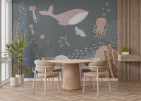 Minimalist dining area featuring Underwater mural with muted sea life.