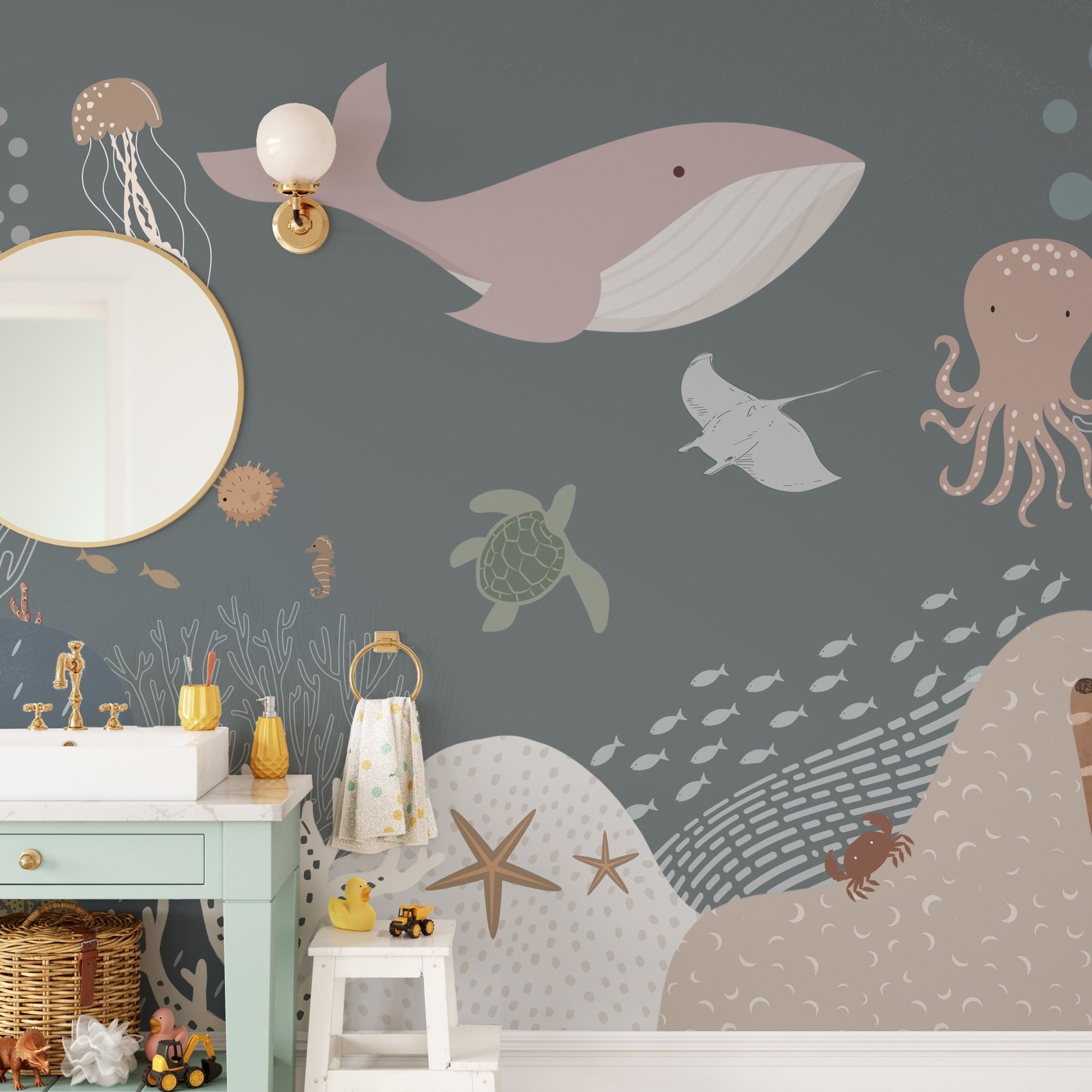Grey ocean life wall mural with jellyfish and octopus in a modern bathroom.