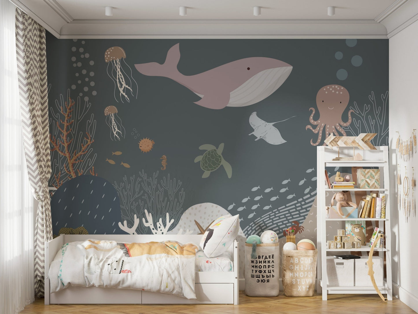 Minimalist wall mural with underwater life pattern in a white bedroom.