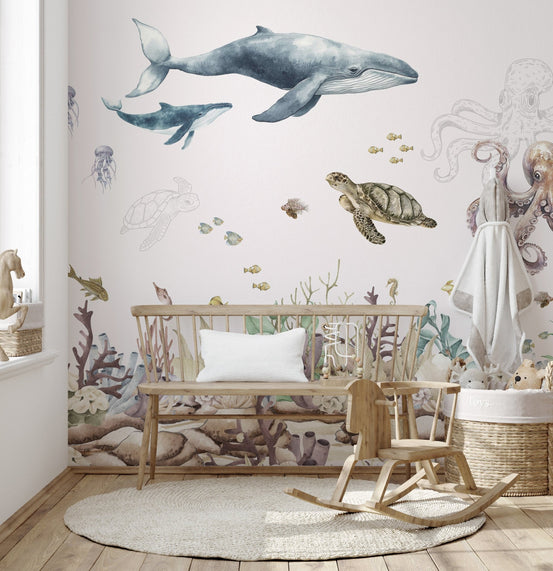 Serene aquatic scene wall mural with soft pastel colors.