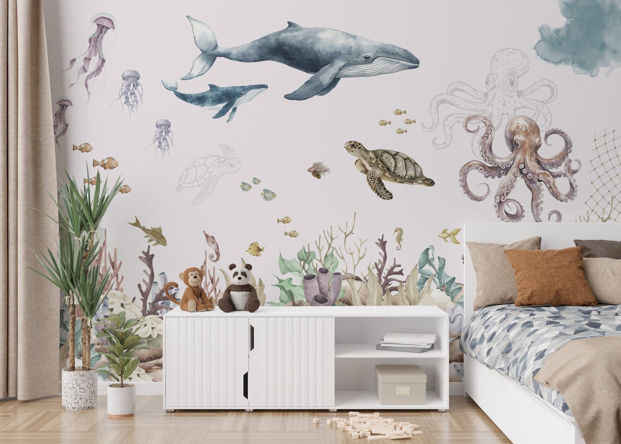 Underwater marine life wallpaper with blue whales and jellyfish.