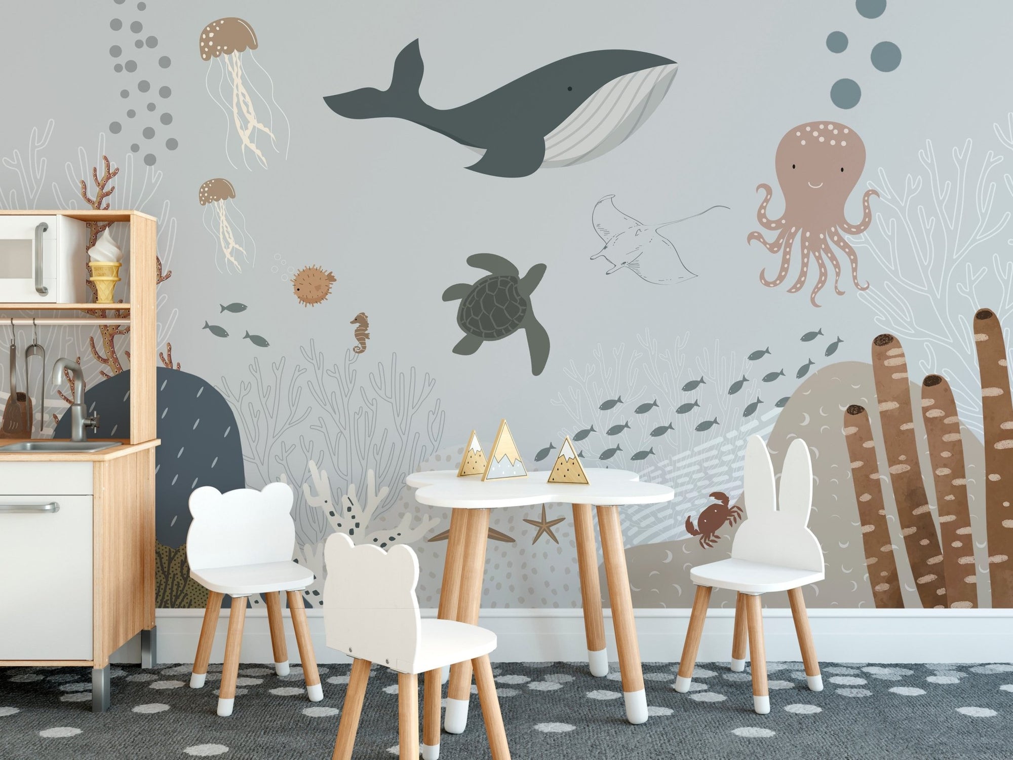 Underwater ocean life wallpaper featuring a large grey whale and jellyfish.