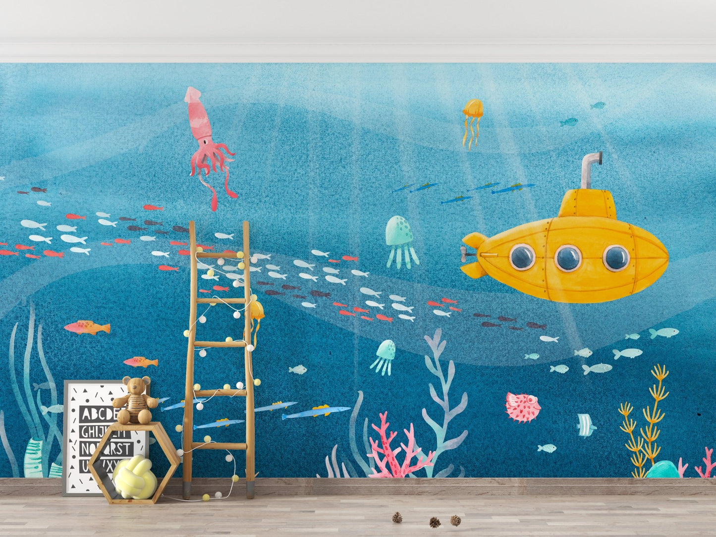Underwater mural featuring marine creatures and coral habitats in kids room.
