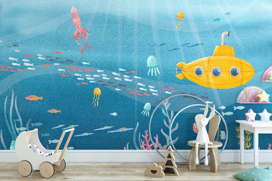 Serene underwater sea life mural with oceanic splendor in kids play room.