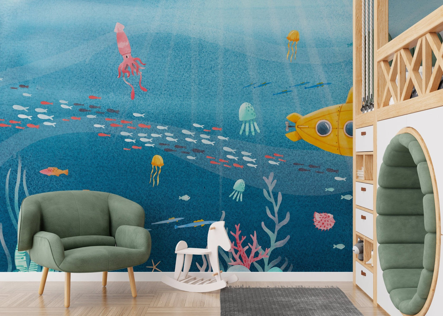 Underwater wall mural with vibrant fish and coral details in nursery.
