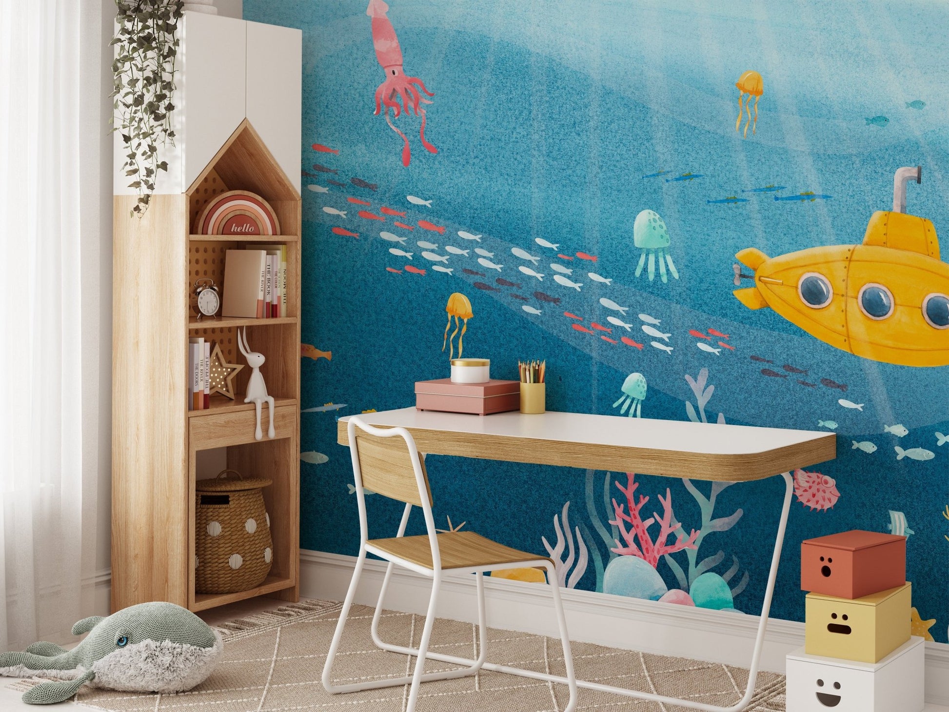 Marine-themed sea life mural for tranquil underwater vibes in study room.
