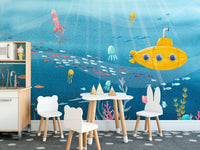 Underwater world mural with sea life and aquatic beauty in kids dining room.
