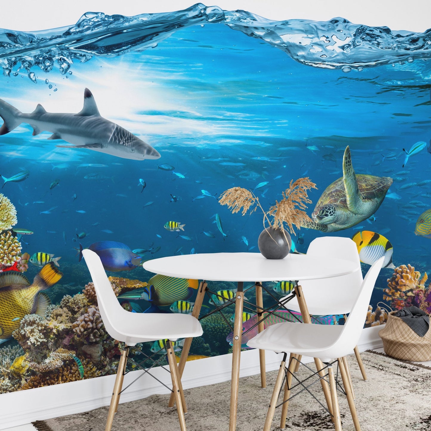 Stunning Coral Reef Underwater Wall Mural in small dining area.