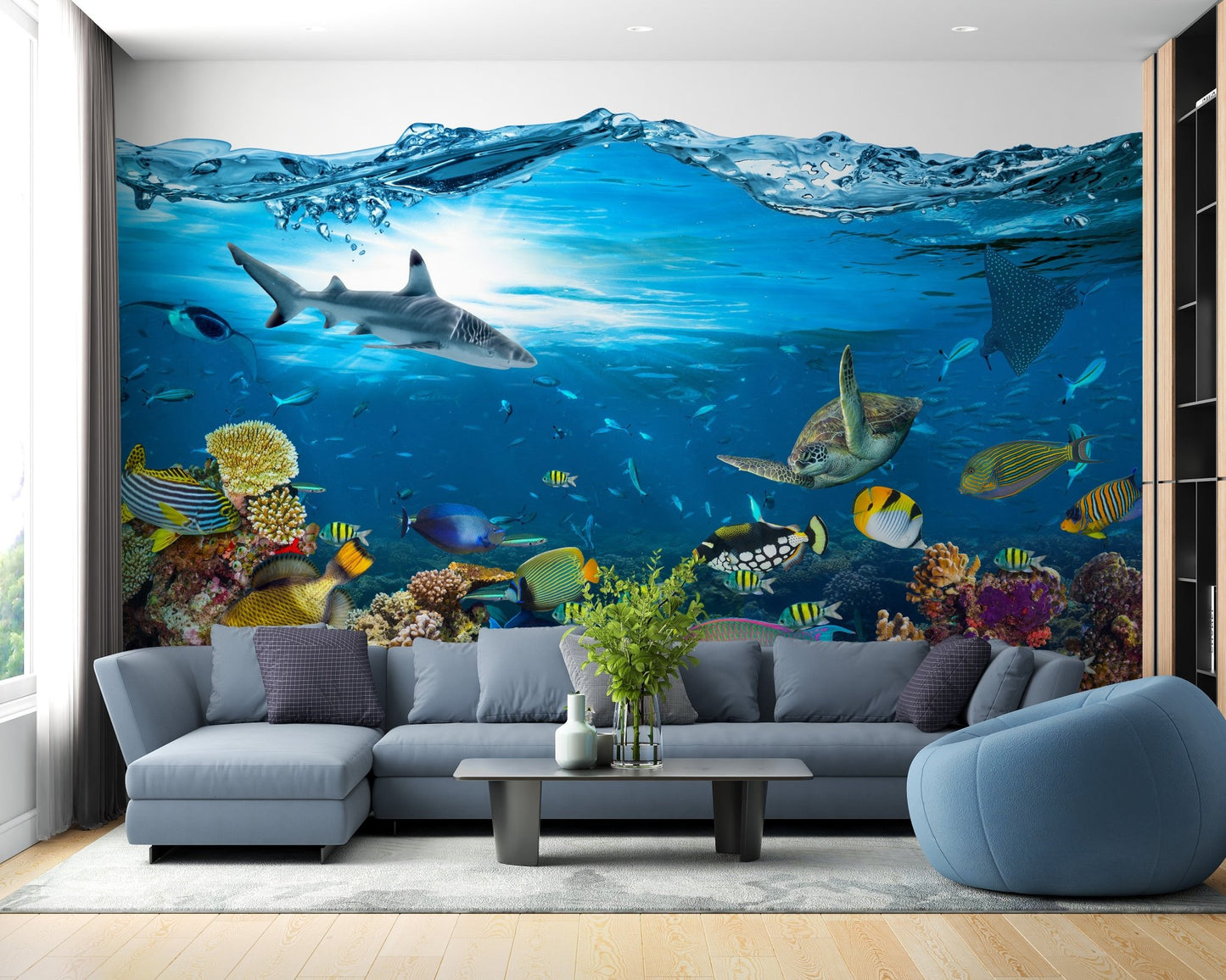 Colorful Underwater Splash and Coral Reef Mural for Modern living space.